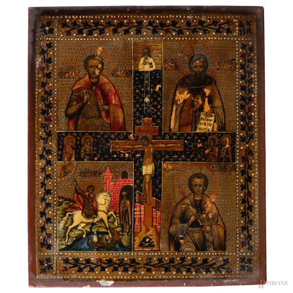 Icona raffigurante crocifisso e quattro santi, XIX-XX secolo, tempera su tavola, cm 31x26,5, (segni di usura, scalfiture, cadute di colore, restauri, difetti)
