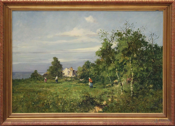 Giuseppe Buscaglione - Paesaggio con figure, olio su tela, 70x100 cm, entro cornice