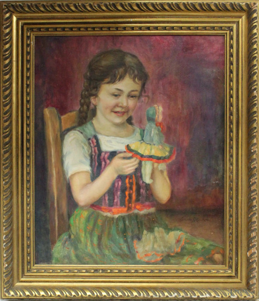 Bambina con bambola, olio su tela cm. 62x51, recante firma Edoardo Gioia, entro cornice.
