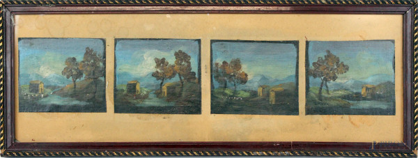 Quattro dipinti raffiguranti paesaggi, olio su tela, cm 8,5x10, entro un'unica cornice, (difetti).