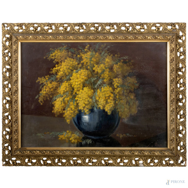 Natura morta con vaso di mimose, XX secolo, olio su tavola, cm 50x69, entro cornice