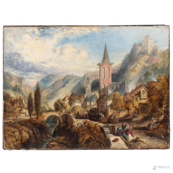 Scorcio di villaggio con figure, XIX secolo, olio su tela, cm 55x74, firmato in basso a sinistra, (segni di usura, abrasioni, cadute di colore)