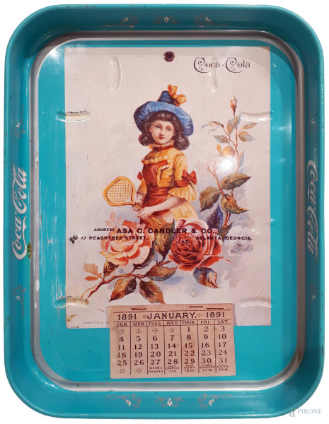 Coca Cola, raro vassoio vintage in latta prodotto in serie limitata e riproducente il primo calendario Coca-Cola del 1891, cm 28x21