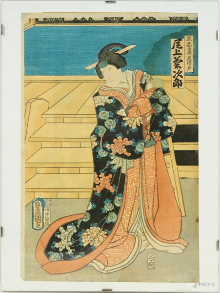 Geisha, stampa a colori recante iscrizioni, cm 37x24,5, Giappone, XIX secolo, (difetti).