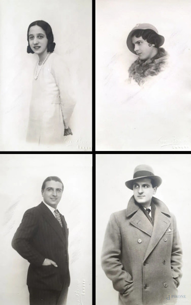 Cavalier Barone (XX sec.),Ritratto di fanciulla, Ritratto femminile, Ritratto maschile, Ritratto maschile con paletot e cappello, quattro rare foto all’albumina, ciascuna cm 9x14, punzone a secco Studio Cav. Barone - Genova, 1933, su ciascuna foto dedica