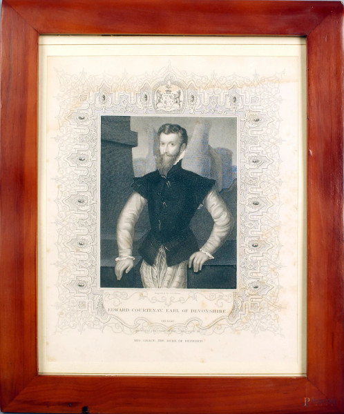 Stampa inglese raffigurante Edward Courtenay, cm. 22x18, XIX secolo, entro cornice.