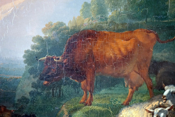 Scuola inglese del XVIII secolo, Paesaggio con armenti, olio su tavola, cm 28x35,5, entro cornice...