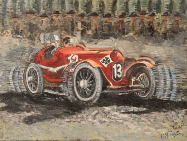 Adelmo Franchi - Gara automobilistica, olio su tela, 80x60 cm, entro cornice datato 1919