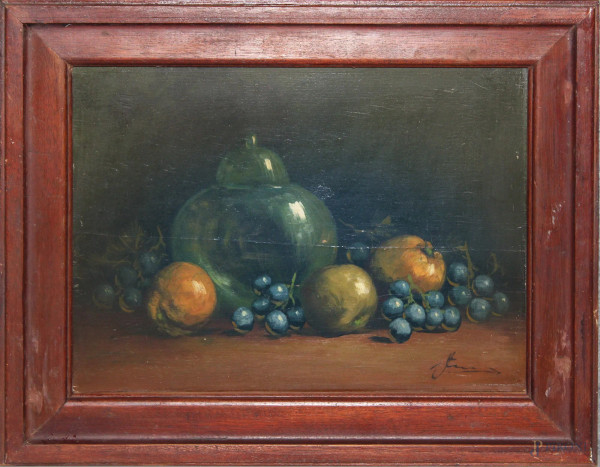 Natura morta con frutta e vasellame, olio su tavola, 30x40 cm, entro cornice firmato