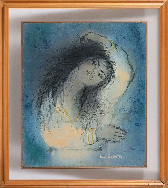 Anna Salvatore (1923-1978), Figura femminile, tecnica mista su tela, cm 70x60, firmato in basso a destra, entro cornice