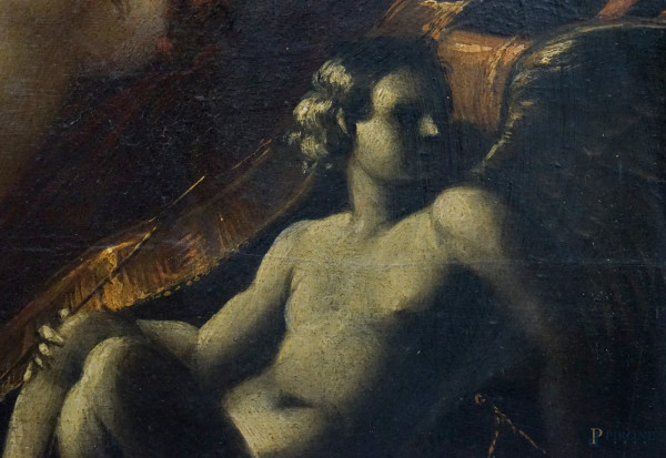 Pittore del XVII secolo, Susanna e i vecchioni, olio su tavola, cm 38x53, entro cornice, (difetti...