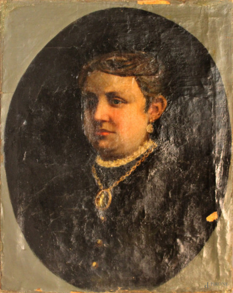 Ritratto di donna, olio su tela, XIX sec., cm 60 x 45, difetti sulla tela.