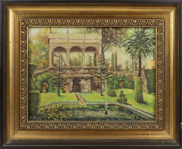 Villa con fontana e loggiato, olio su tela applicata su cartone, cm. 15x20, firmato, in cornice.