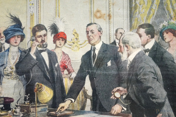 Lotto di sei prime pagine "La Domenica del Corriere", anni 1913-1937-1938, cm 38x28, entro cornic...