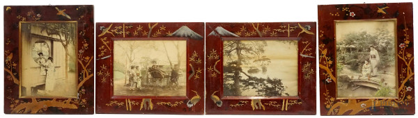 Quattro fotografie d'epoca raffiguranti scorci paesaggistici con donne orientali, cm 26,5x0,5, arte orientale, inizi XX secolo, entro cornici laccate, (segni del tempo).