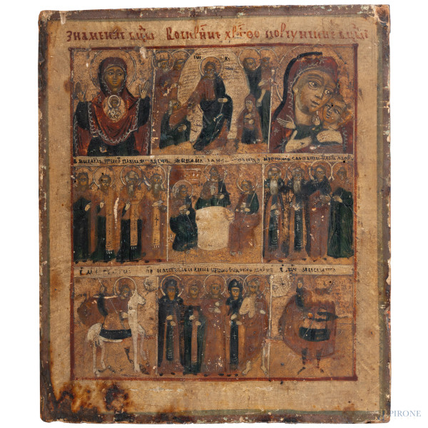 Icona a nove formelle raffiguranti scene bibliche, XIX-XX secolo, tempera su tavola, cm 30x26, (segni di usura, difetti)