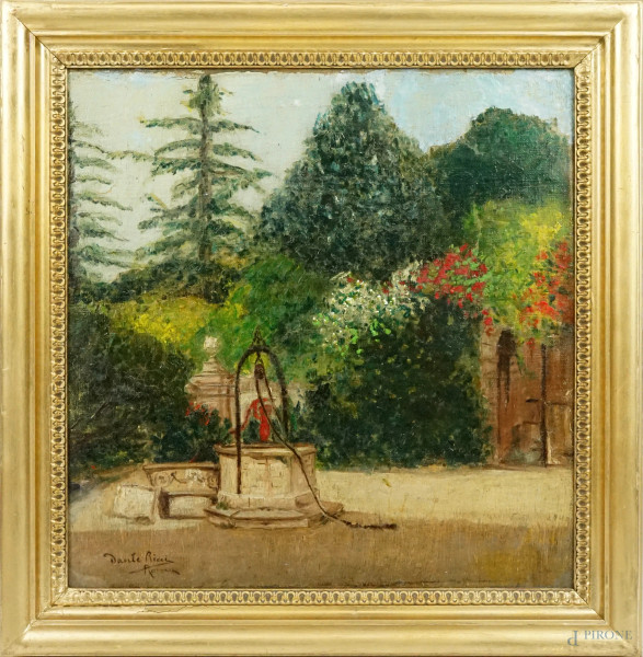 Cortile con pozzo, olio su tela riportata su cartone, firmato, cm 47,5x46, entro cornice