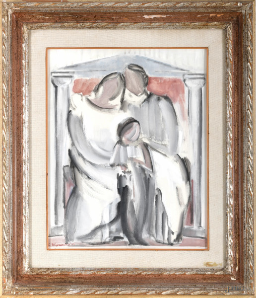 G. Polykratis, Il primo figlio, cm 50x40, firmato e datato "12/2/1972" in basso a sinistra, sul retro firmato, titolato, datato e dedicato, entro cornice