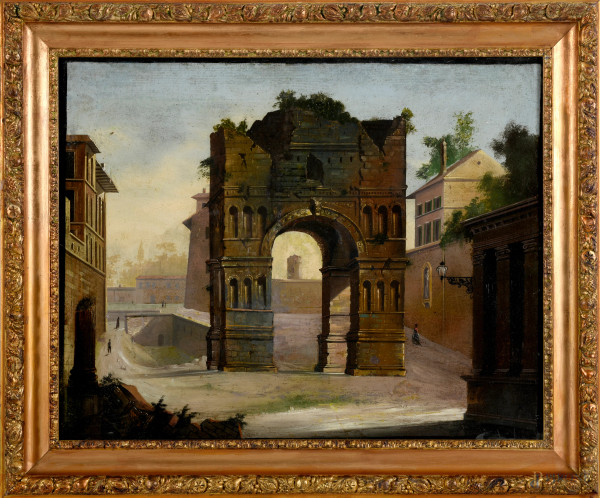 Arco di Giano, olio su tela, cm 54,5x68,5, XIX-XX secolo, entro cornice, (difetti)