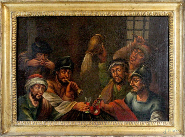 Scuola fiamminga del XVIII secolo, osteria con soldati e bevitori, olio su tela, cm 39,5x56, entro cornice.
