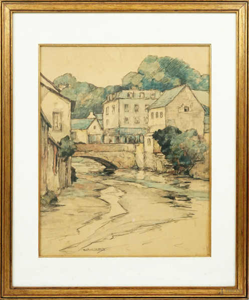 L&#233;on  Launay - Scorcio di borgo con ponte, tecnica mista su carta, cm 40,5x32 ca, entro cornice, (macchie sulla carta).