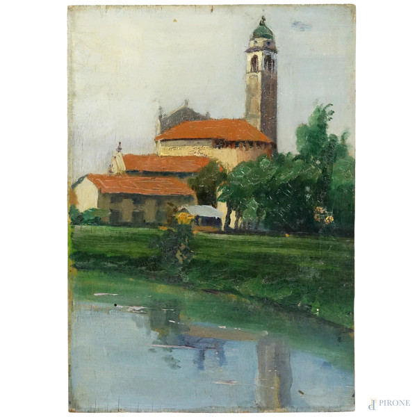 Chiesa di Vigentino, olio su compensato, firmato sul retro, 1925, cm 34x24,5