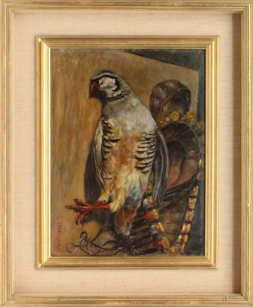 Natura morta raffigurante cacciaggione, olio su legno, cm 29 x 39, firmato G. Quercia, entro cornice.