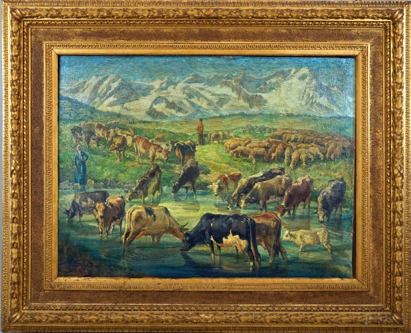 Paesaggio con pastori e armenti, olio su tela, cm 75x99, firmato, entro cornice.