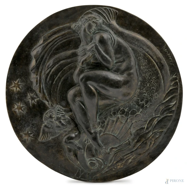 Silvio Canevari (Viterbo 1893 – Roma 1931), Galatea, placca tonda in gesso patinato bronzo, diametro cm 48