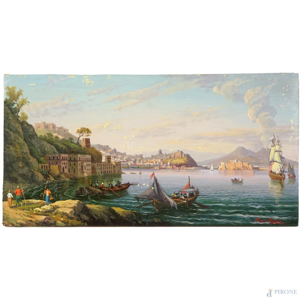 Veduta di Napoli, olio su tavoletta, firmato in basso a destra Enrico Capuano, cm 12,4x24 (lievi cadute di colore)