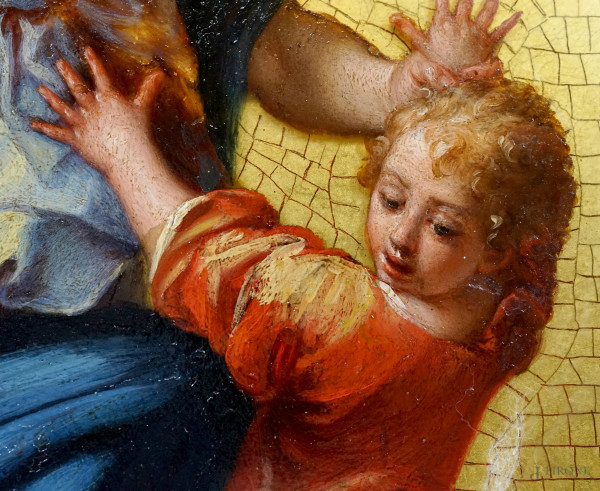 Pittore del XIX secolo, L'angelo custode, dipinto su vetro, cm 40x34, entro cornice