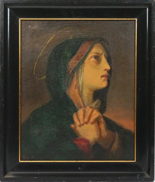 Ritratto della Vergine, olio su tela, cm 46x37, siglato e datato, entro cornice.