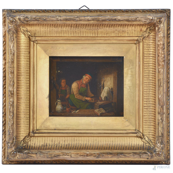 Interno di bottega, XIX secolo, olio su metallo, cm 17x21, entro cornice, (piccole cadute di colore)