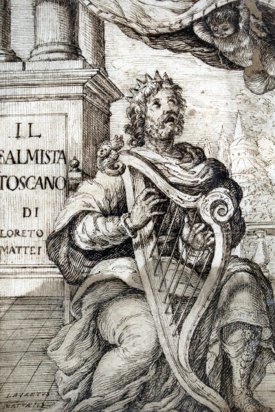 Antica incisione de "Il Salmista toscano" di Loreto Mattei, cm 25,5x18, entro passepartout e teca in vetro,  (difetti e macchie).