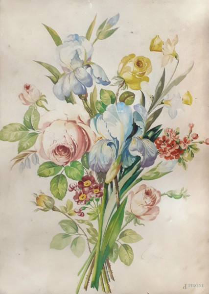Artista dell’Ottocento, Mazzo di fiori, acquarello su carta, cm 38x28, firmato, entro cornice.