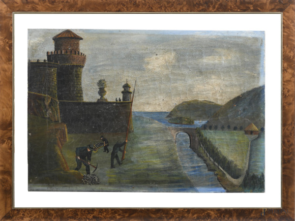 Lavoratori, XX secolo, olio su tela, cm 50x73, entro cornice, (craquelure, sollevamenti di colore, abrasioni, lacerazioni, difetti)
