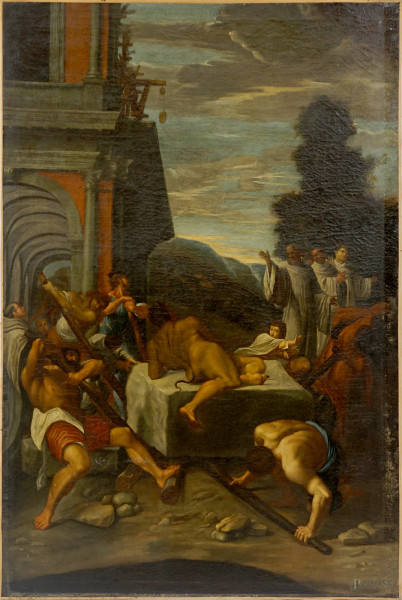 Pittore bolognese del XVII secolo, San Benedetto scaccia il diavolo, olio su tela, cm 145,5x97