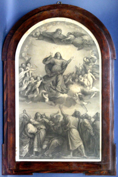Da Tiziano, Assunzione della Madonna, stampa, inizi XVIII sec., cm 75 x 45, entro cornice.