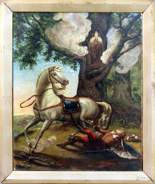 Soldato con cavallo, olio su tela, cm. 52x42, XIX secolo, entro cornice.