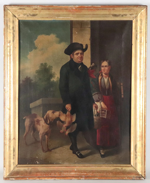Il cacciatore, XIX secolo, olio su tela, cm 59x47, entro cornice, (segni di usura, abrasioni, cadute di colore, craquelure)