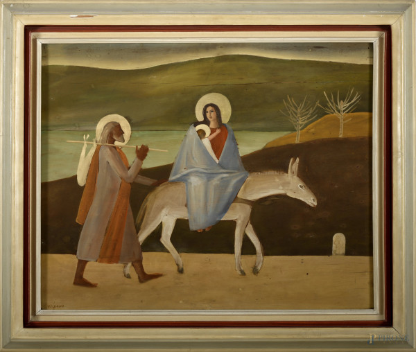 Fuga in Egitto, olio su tavola, XX secolo, cm 48,5x60 entro cornice (difetti)