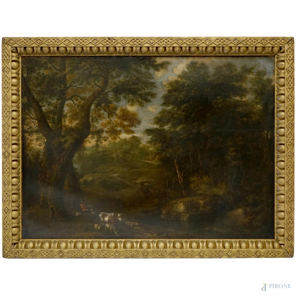 Pittore fiammingo-olandese della fine del XVIII secolo, Paesaggio con pastore e armenti, olio su tela, cm 85,5x118,5, entro cornice