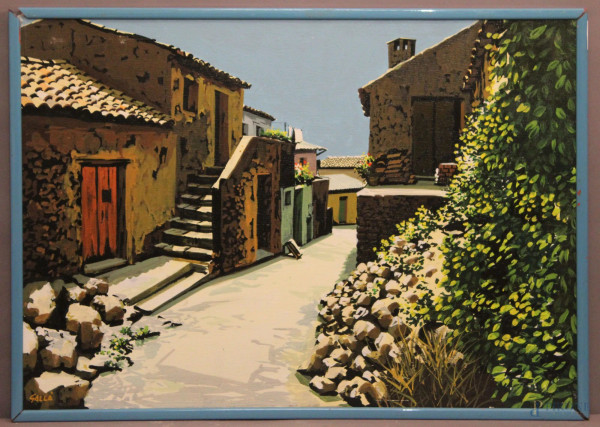 Scorcio di paese, olio su tela, 50x70 cm, entro cornice firmato G.Gallà