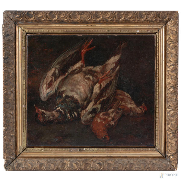 Natura morta con volatili, XIX secolo, olio su tela, cm 30x35, entro cornice, (craquelure, lievi sollevamenti di colore)