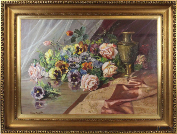 Cecilia Manzella C&#249;tuli - Natura morta con fiori e vaso, olio su cartone telato, cm. 50x70, in cornice.
