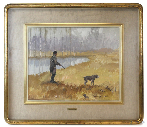 Cacciatore con cane, olio su tela, cm 40x50,5, firmato Giulio Falzoni, entro cornice.