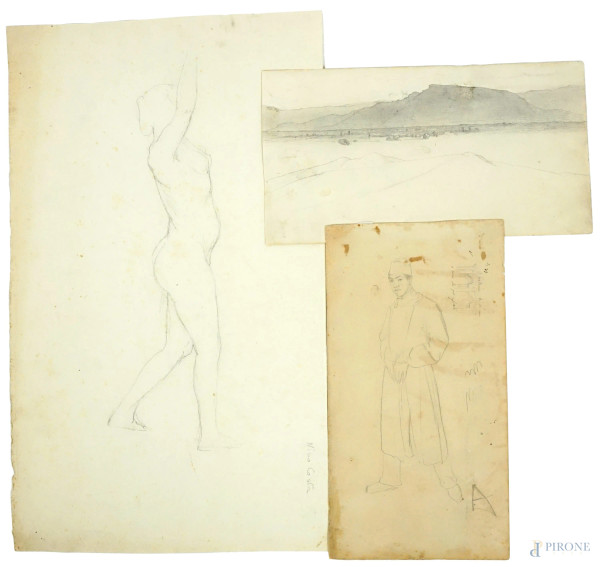 Attr. a Nino Costa (1826-1903), lotto di tre disegni, matita su carta, misure max cm 42x24,5