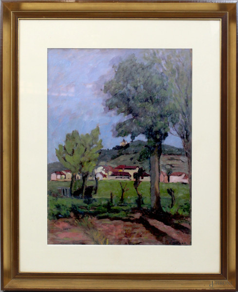 Federico Chiara - Paesaggio con case e alberi, olio su tavola, cm. 50x37, entro cornice.