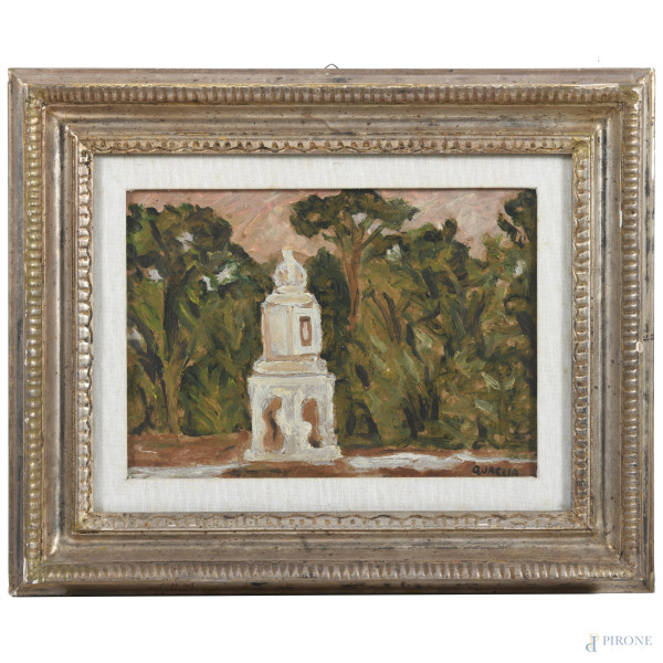 Carlo Quaglia (1903-1970), Villa Borghese, olio su faesite, cm 25x35, firmato in basso a destra e al retro per autentica, entro cornice