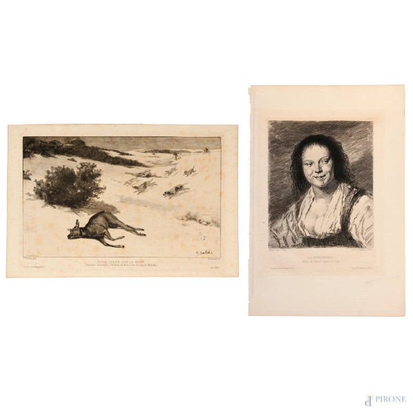Guerard Francois & Leop Flameng, Lotto di due acqueforti della serie "Gazette de Beaux-Arts", 1860 circa, misure massime foglio cm 27x18,5, (segni di usura, foxing)